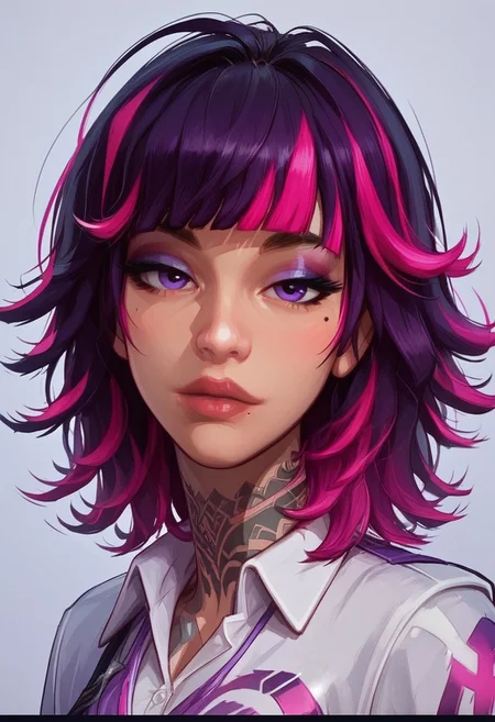 MarvelRivals, Sophiaaa, (beautiful face), medium hair,mole under left eye,left tattoos,black and purple hair,pink hair highlights,purple eyes, eyeshadow,blunt bangs,slender eyes, lips, strong eyebrows,1girl,solo,looking at viewer, white shirt, Stylized, Semi-realistic style, studio lighting, blue ambiance, atmospheric, cooler colors, portrait,