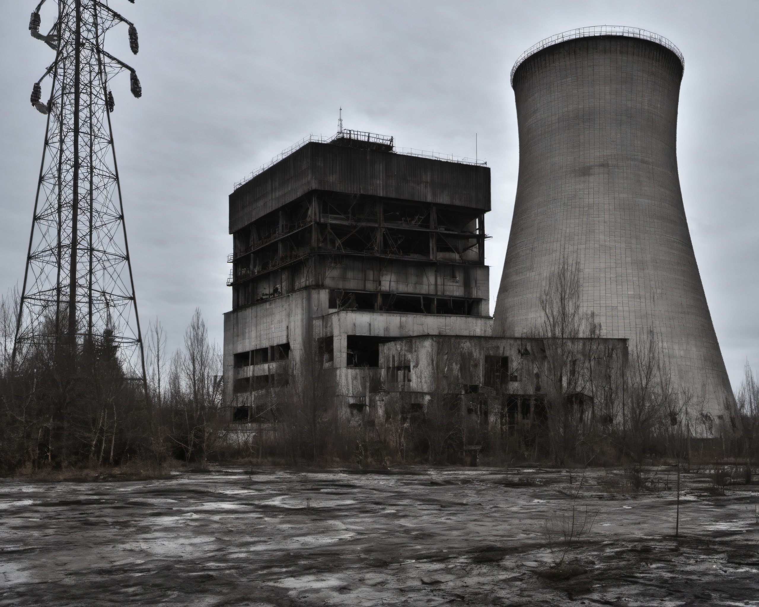 best quality, realistic, vray, hdr, on a post-apocalyptic power plant, still turbines, broken control room, crumbling cooling tower., by Peter Lindbergh, Chern4byl enviroment  <lora:Chenorbyl_v1:0.8>