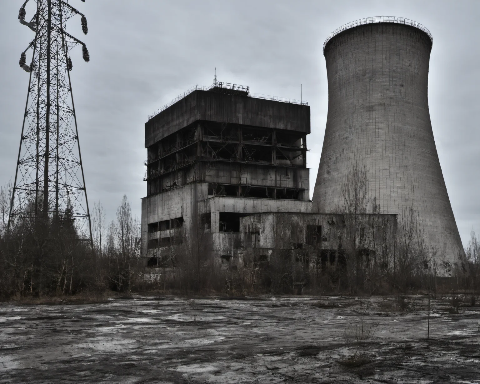best quality, realistic, vray, hdr, on a post-apocalyptic power plant, still turbines, broken control room, crumbling cooling tower., by Peter Lindbergh, Chern4byl enviroment <lora:Chenorbyl_v1:0.8>