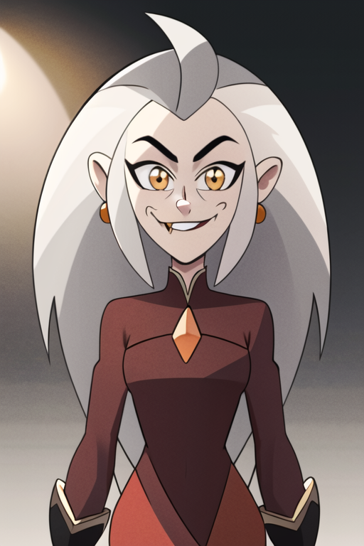masterpiece, best quality, <lora:edalyn:0.8>, 1girl, solo, grey hair, long hair, yellow eyes, smile, looking at viewer, fang, red dress, long sleeves, jewelry, looking at viewer, sunlight, delicated ilumination, highly detailed, dark background, gradient background,
