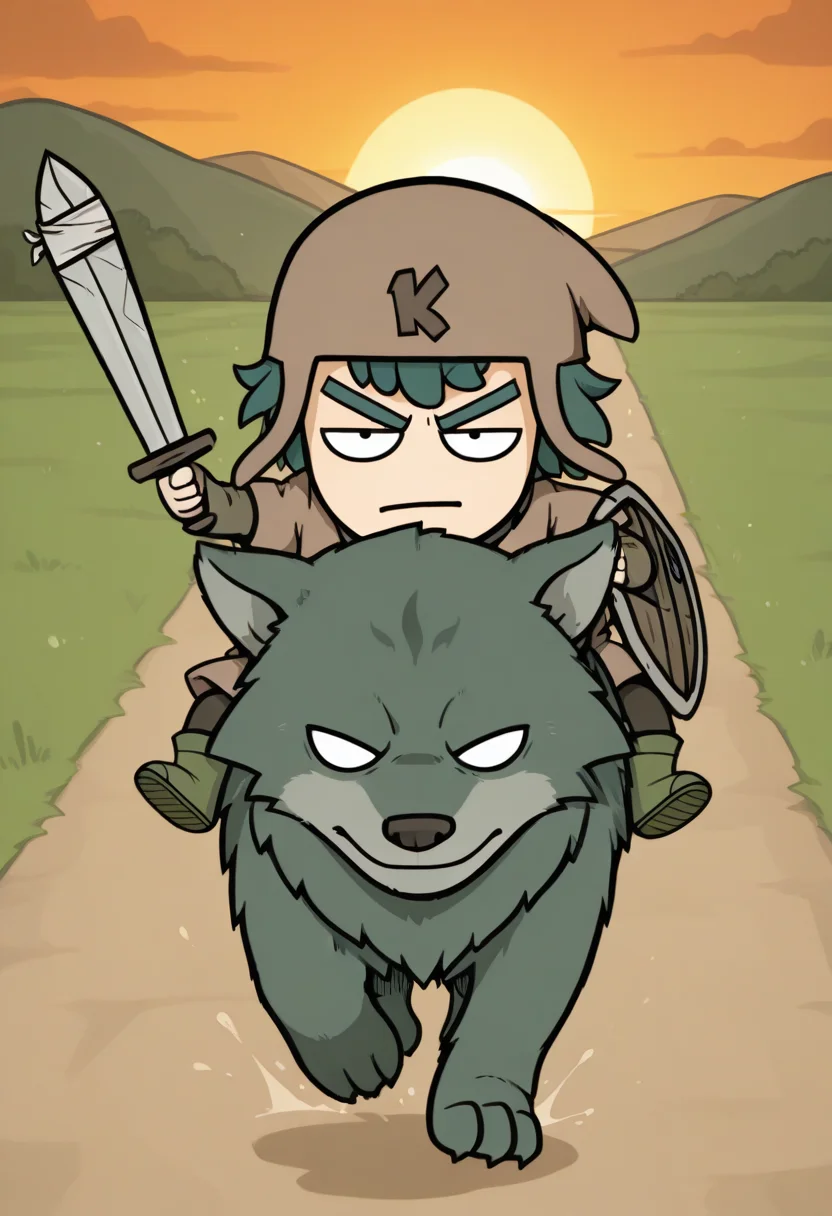masterpiece, colorful, detailed background, beast quality, <lora:kofi-v1B-09:1> k-kofi, 1boy, brown headwear, brown tunic, short_over_long_sleeves, dark-brown belt, dark-brown pants, dark-green boots, chibi:0.5, holding sword,arm shield, incoming attack, outdoors, arm up, dot eyes, sunset, riding, annoyed, wolf, no pupils, running,