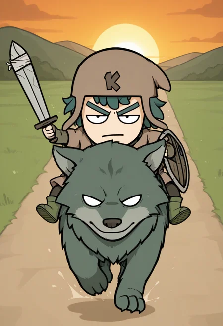 masterpiece, colorful, detailed background, beast quality, <lora:kofi-v1B-09:1> k-kofi, 1boy, brown headwear, brown tunic, short_over_long_sleeves, dark-brown belt, dark-brown pants, dark-green boots, chibi:0.5, holding sword,arm shield, incoming attack, outdoors, arm up, dot eyes, sunset, riding, annoyed, wolf, no pupils, running,