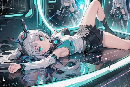 (masterpiece), (science fiction:1.4), 1girl, lying on the back on a mirror, lying on the back on a mirror, lying on the back on a mirror, smile, silver hair, aqua eyes, headgear, long sleeves, detached sleeves, glowing energy clothing, light particles, energy particles, perfect hands, perfect legs