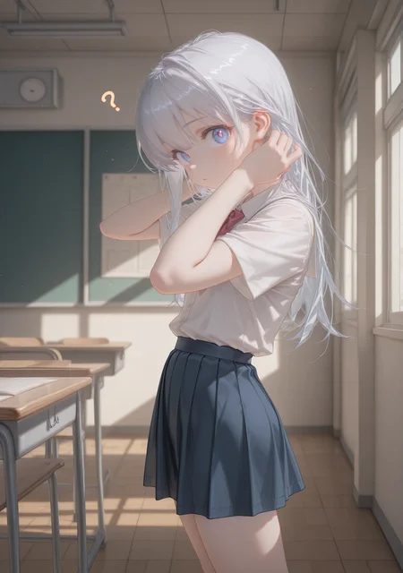 masterpiece,best quality,amazing quality,
1girl,solo,looking at viewer,standing,<lora:cunnyfunkystyle:1>,cunnyfunkystyle,from side,long hair,classroom,adjusting hair,classroom,?,