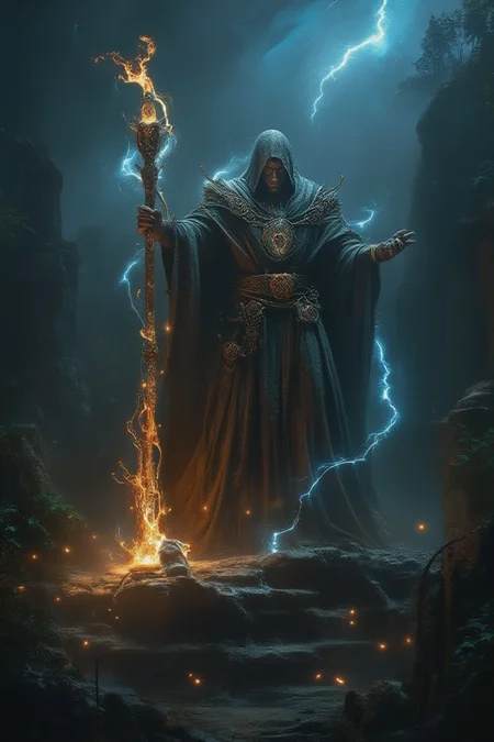 Abstract Lighting Effects, Hyperrealism, Midjourney Style, Photorealism, Cinematic, High Fidelity, Realism, Light Play,
cinematic film still Create a powerful fantasy scene featuring an ancient sorcerer. The sorcerer, draped in long, flowing robes adorned with arcane symbols, stands atop a stone platform in the middle of a mystical ruin. They hold a staff topped with a glowing crystal, casting a powerful spell that creates swirling magical energy around them. The ruins are surrounded by a dark, enchanted forest, with glimpses of strange creatures in the shadows. The sky is dark and stormy, with flashes of lightning illuminating the scene. The composition should exude a sense of ancient power and mystical intensity. photography, Natural geographic photo, Hyper-realistic, 16k resolution, (masterpiece, award winning artwork), many details, extreme detailed, full of details, Wide range of colors, high Dynamic