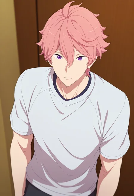 masterpiece, best quality, , (3d:0.4),, 1boy, solo, male focus, <lora:kisumi_shigino_ilxl:0.96>, kisumi_shigino, pink hair, purple eyes, hair between eyes, ,