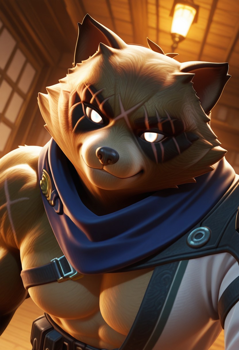 hajime, solo, furry, tanuki, perfect eyes, perfect face, smile, brown fur, tail, white eyes, white sclera, muscular, manly, mature, scar, scar on eyes, large pectorals, dynamic angle, face focus, portrait, single pauldron, gloves, unparalleled masterpiece, best quality, amazing quality, very aesthetic, high resolution, 4K, extremely-detailed, depth of field, high sharpness, newest, scenery, detailed fur, detailed muscles, cinematic lighting, <lora:HajimeV1:1>