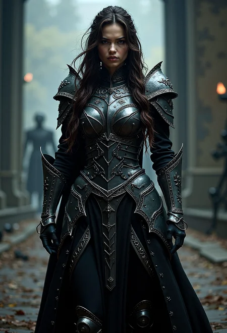 Dark fantasy female warrior, with intricate armor and a powerful stance, set in a realistic, atmospheric scene.