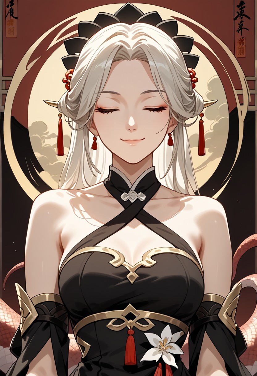 score_9,score_8_up,score_7_up,source_anime,LINGSHA_(NVWA),1girl,solo,breasts,smile,hair ornament,dress,closed mouth,bare shoulders,upper body,closed eyes,detached sleeves,black dress,chinese clothes,facing viewer,MONSTER_GIRL,LAMIA,