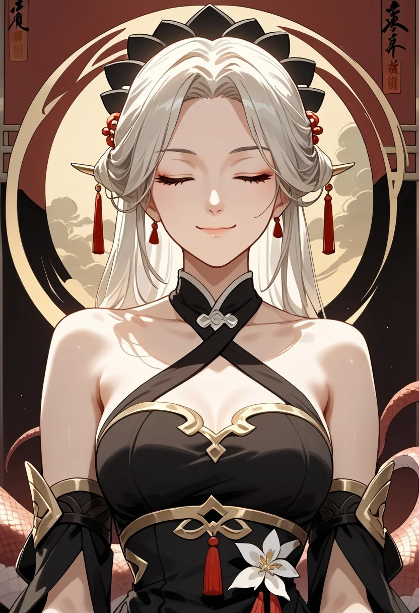 score_9,score_8_up,score_7_up,source_anime,LINGSHA_(NVWA),1girl,solo,breasts,smile,hair ornament,dress,closed mouth,bare shoulders,upper body,closed eyes,detached sleeves,black dress,chinese clothes,facing viewer,MONSTER_GIRL,LAMIA,