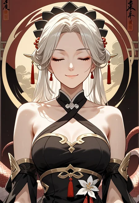 score_9,score_8_up,score_7_up,source_anime,LINGSHA_(NVWA),1girl,solo,breasts,smile,hair ornament,dress,closed mouth,bare shoulders,upper body,closed eyes,detached sleeves,black dress,chinese clothes,facing viewer,MONSTER_GIRL,LAMIA,