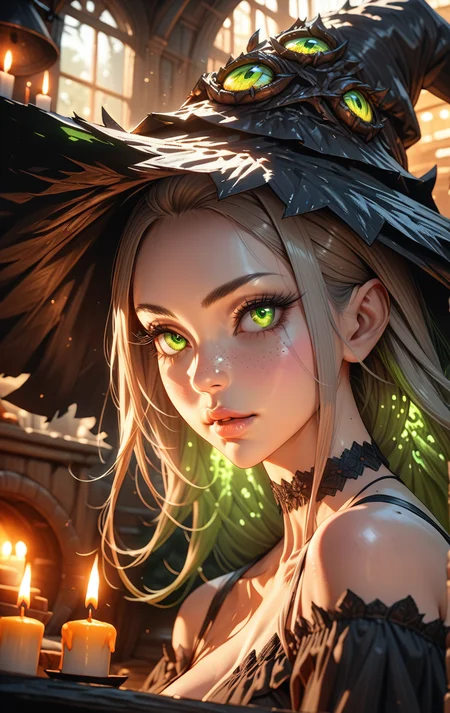 (realism:1.8), (Cel-shading:1.3),
realistic,
(masterpiece), (best quality), (ultra-detailed)
(Medium shot:2) 1girl, cute, beautiful, gorgeous, gentle, perfect body, solo, long hair, (long eyelashes:2),perfect hair, streaked hair, black choker, bangs, freckles, striking large eyes, aligned eyes, mirror eyes, SFW witch costume, witch hat, cauldron with glowing green goo, candles, indoor witch hut,
eyeliner, trendy portrait, bare shoulders, tender Aesthetic nose, perfect lips, gorgeous lips, puffy lips, sensual lips, cinematic,
(masterpiece), (best quality), (incredibly detailed:1.4) (beautiful detailed face, beautiful detailed eyes), (ultra-detailed), very aesthetic, illustration, perfect composition, intricate details, absurdres, detailed skin, clean skin,  pure skin, 
(masterpiece:1.8), (highest detailed:1.8), (angle:0.9), perfectly lighted, (contrast), (saturated), (((sharp focus))), (hyperdetailed:1.3), (intricate details:1.2), (Refined details:1.3), (best quality:1.5), highly detailed textures,
<lora:Apparatus_-_Traction_City_Walkers_Vehicles:0.5>,
<lora:add-detail-xl:1> (ultra sharp focus:1.8), (detailed skin:1.8), (best quality:1.8),
<lora:glowneon_xl_v1:0.6>
