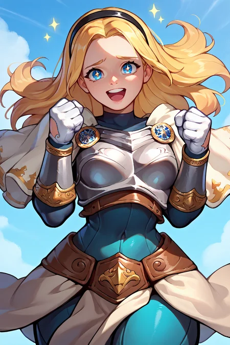 score_9, score_8_up, score_7_up, score_6_up, source_anime, 1girl, solo, <lora:lux-pdxl-nvwls-v1-000005:1> deflux, blonde hair, blue eyes, long hair, black hairband, armor, blue bodysuit, bracers, white gloves, armored boots, clenched hands, hands up, excited, sparkling eyes, sparkle, open mouth, looking at you, blue sky, medieval, happy