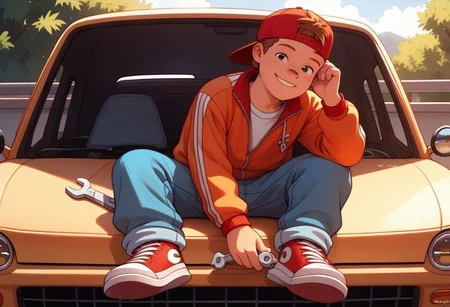 score_9, score_8, score_7, young, looking at viewer, perfect face, colorful, dramatic angle,  jumpsuit, wrench in hand, sitting on car, sneakers, car repair, smile, red hat, backwards hat, brown hair, freckles, 1boy, solo, full body.