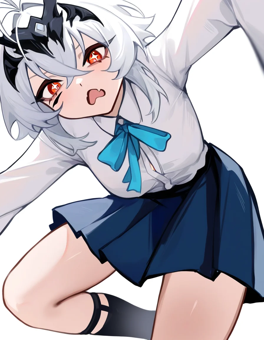 white background,simple background,(neck_ribbon:1.2),(white_shirt:1.2),long sleeves,(blue skirt:1.2),short skirt,thighs,blue ribbon,pleated skirt,looking at viewer,disgust,open mouth,hand_on_hips,
spfaniya,1girl,solo,white hair,red eyes,facial mark,antenna hair,symbol-shaped pupils,+ +,bangs,hair between eyes,small breasts,<lora:spfaniya_noob:0.75>,
masterpiece,best quality,very aesthetic,absurdres,<lora:ranbowrin_noob2:1>,ranbowrin,