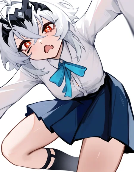 white background,simple background,(neck_ribbon:1.2),(white_shirt:1.2),long sleeves,(blue skirt:1.2),short skirt,thighs,blue ribbon,pleated skirt,looking at viewer,disgust,open mouth,hand_on_hips,
spfaniya,1girl,solo,white hair,red eyes,facial mark,antenna hair,symbol-shaped pupils,+ +,bangs,hair between eyes,small breasts,<lora:spfaniya_noob:0.75>,
masterpiece,best quality,very aesthetic,absurdres,<lora:ranbowrin_noob2:1>,ranbowrin,