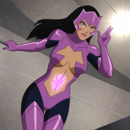 <lora:starsapphirejusticeleaguedoom_pony_v1:.8> starsapphire, 1girl, medium breasts, purple bodysuit, long hair, black hair, tattoo, thighhighs, navel, center opening, dark-skinned female, dark skin, purple eyes, mask, cowboy shot