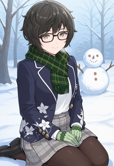 masterpiece, best quality, 1girl, seiza, smile, hands on lap, <lora:MiyazuSMT-illu:1> m1ya, black hair, short hair, grey eyes, glasses, green scarf, plaid scarf, school uniform, blue jacket, open jacket, long sleeves, floral print, white shirt, green gloves, striped gloves, grey skirt, plaid skirt, pleated skirt, black pantyhose, loafers, black footwear, winter, snowman, outdoors