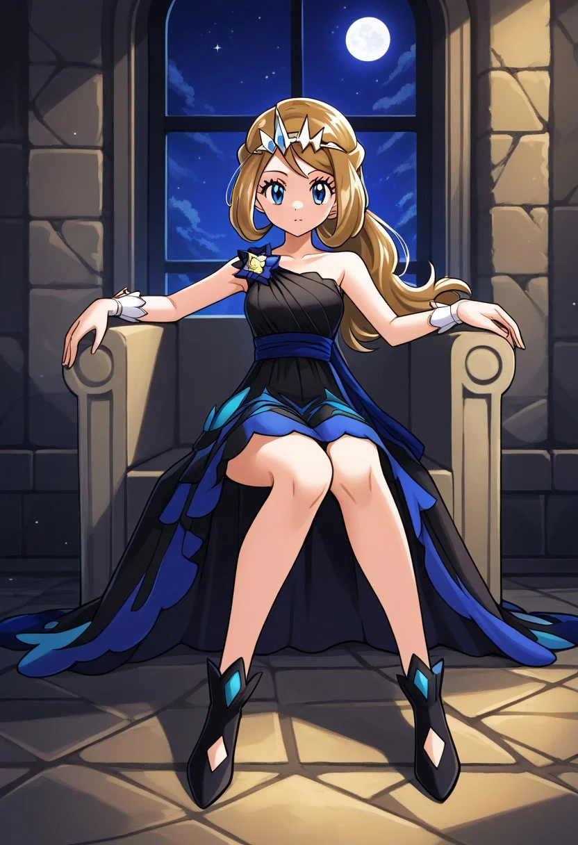(1girl, solo), stone wall, window, sitting, on throne, moonlight, night scene, moon in the sky, purple hues, starry night, dreamlike atmosphere, glowing edges, mystical, high contrast, ethereal light,  light particles, (excolor, black_dress, black_footwear:1.4), (gold_tiara), long_ hair,  bangs, blue_eyes, blonde_hair, dress, bare_shoulders, ponytail, official_alternate_costume, wrist_cuffs, eyelashes, serena_\(pokemon\), ncserena, full_body, close-up, masterpiece,amazing quality,very aesthetic,high resolution,ultra-detailed,absurdres,newest,ncserena, ((anime style, source anime)), (vibrant colors), [high saturation],score_9,score_8_up,score_7_up,source_anime