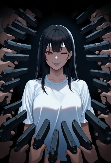 anime, masterpiece, best quality, newest, 6+others, at gunpoint, solo focus, holding gun, handgun, too many, 1girl, smile, :p, looking at viewer, long hair, black hair, straight hair, red eyes, one eye closed, white shirt, t-shirt, short sleeves, dark background
<segment:yolo-Anzhc Face seg 640 v2 y8n.pt,0.4,0.5//cid=1>