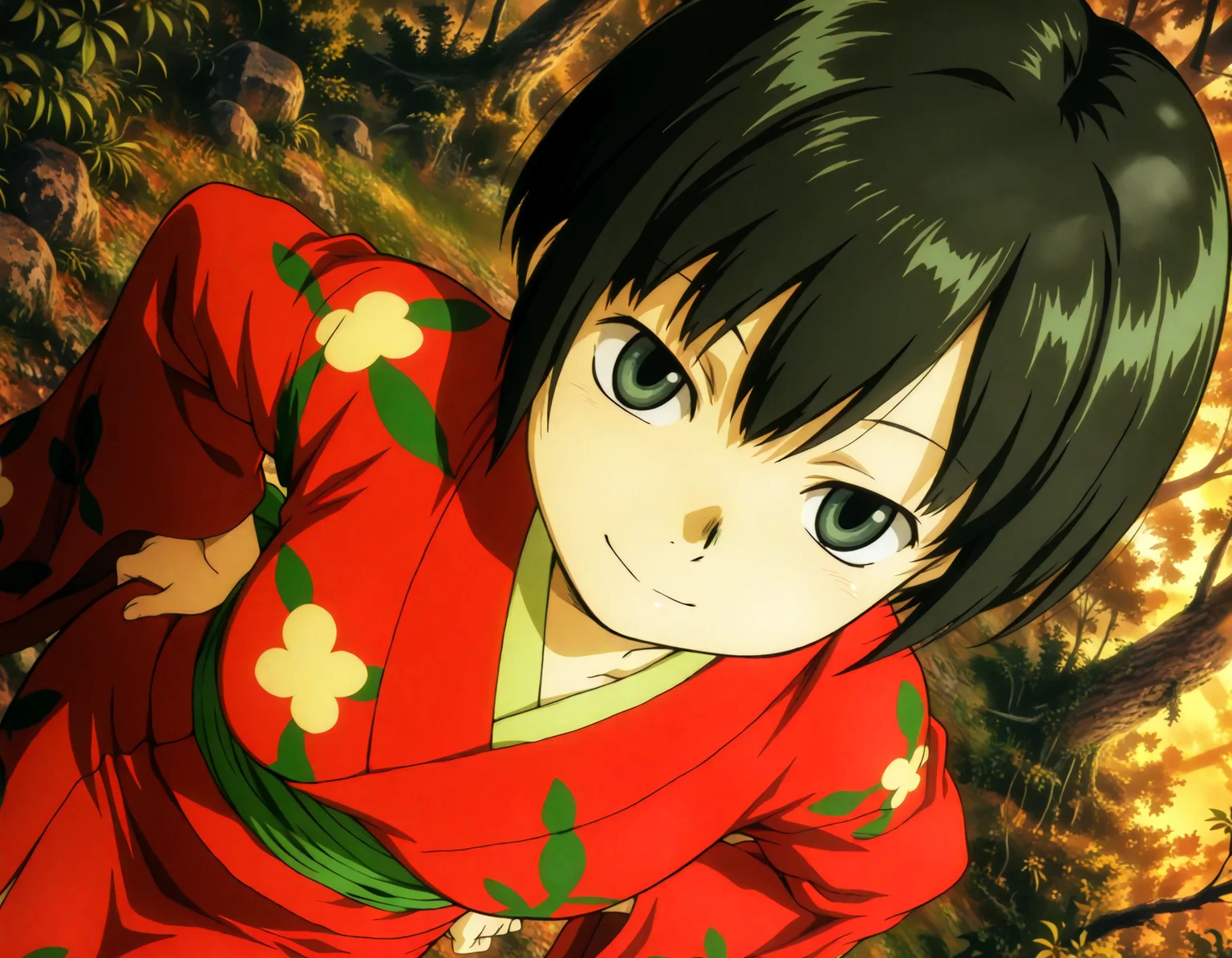 (1girl, solo:1.3), (2girls, 3girls, 4girls, multiple girls, 2boys, 3boys, 4boys, multiple boys:-1.5) <lora:Ioroi_Renzu_Mushi-shi_Illustrious:0.9>, ioroi_renzu, medium breasts, grey eyes, green eyes, black hair, short hair, bob cut, bangs, hair between eyes, japanese clothes, kimono, red kimono, obi, green obi, sandals smile, (tongue out:0.7), (half-closed eyes:0.7), general, contrapposto, dynamic pose, hands on own hips, portrait, from behind, from above, dutch angle, outdoors, forest, japanese forest, japanese shrine, (torii:-1.0), ancient forest, dense foliage, mossy trees, mist, eerie silence, no people, overgrown, primeval, twilight lighting, mystical, waterfall, A vast, untouched forest frozen in time, where ancient, towering trees with thick, moss-covered trunks rise from a ground layered with centuries of decaying leaves and soft green undergrowth. Twisted roots snake across damp soil, and the air hangs heavy with mist and silence. Shafts of pale light struggle to pierce the dense canopy, casting a faint glow on the shadowy floor below. Ferns and strange fungi thrive in the perpetual twilight, and no sign of human presence disturbs the eerie stillness. The atmosphere feels sacred, as if the forest itself is watching. A green forest with tall trees and dense foliage, an abstract depiction of a tranquil forest scene, where the towering trees create a serene, mystical atmosphere. The forest floor is covered with rich greenery, and the soft natural light filters gently through the leaves, subtly illuminating the scene without overpowering the natural beauty of the surroundings. (close-up, face focus:1.2), evening, fog, , perspective, evening, (from above:1.2), , from behind, (light leaks, light rays:1.1), <lora:NOOB_EPSv1_1_detailer_by_vlnvk_v1_0:1.5>, (photo background:0.7), evening, (tachibana yuu:0.6), inue shinsuke, (kazuma muramasa:0.0), saikawa yusa, (aoi manabu:0.6), abarerumidori, (suzui narumi:0.6), masterpiece, newest, absurdres, 8K, anime screenshot, anime coloring, flat color, official art, film grain, <lora:illustriousXLv01_stabilizer_v1.185c:0.7>, <lora:LECO_Solo:-4.0>,