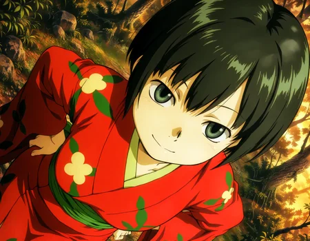(1girl, solo:1.3), (2girls, 3girls, 4girls, multiple girls, 2boys, 3boys, 4boys, multiple boys:-1.5) <lora:Ioroi_Renzu_Mushi-shi_Illustrious:0.9>, ioroi_renzu, medium breasts, grey eyes, green eyes, black hair, short hair, bob cut, bangs, hair between eyes, japanese clothes, kimono, red kimono, obi, green obi, sandals smile, (tongue out:0.7), (half-closed eyes:0.7), general, contrapposto, dynamic pose, hands on own hips, portrait, from behind, from above, dutch angle, outdoors, forest, japanese forest, japanese shrine, (torii:-1.0), ancient forest, dense foliage, mossy trees, mist, eerie silence, no people, overgrown, primeval, twilight lighting, mystical, waterfall, A vast, untouched forest frozen in time, where ancient, towering trees with thick, moss-covered trunks rise from a ground layered with centuries of decaying leaves and soft green undergrowth. Twisted roots snake across damp soil, and the air hangs heavy with mist and silence. Shafts of pale light struggle to pierce the dense canopy, casting a faint glow on the shadowy floor below. Ferns and strange fungi thrive in the perpetual twilight, and no sign of human presence disturbs the eerie stillness. The atmosphere feels sacred, as if the forest itself is watching. A green forest with tall trees and dense foliage, an abstract depiction of a tranquil forest scene, where the towering trees create a serene, mystical atmosphere. The forest floor is covered with rich greenery, and the soft natural light filters gently through the leaves, subtly illuminating the scene without overpowering the natural beauty of the surroundings. (close-up, face focus:1.2), evening, fog, , perspective, evening, (from above:1.2), , from behind, (light leaks, light rays:1.1), <lora:NOOB_EPSv1_1_detailer_by_vlnvk_v1_0:1.5>, (photo background:0.7), evening, (tachibana yuu:0.6), inue shinsuke, (kazuma muramasa:0.0), saikawa yusa, (aoi manabu:0.6), abarerumidori, (suzui narumi:0.6), masterpiece, newest, absurdres, 8K, anime screenshot, anime coloring, flat color, official art, film grain, <lora:illustriousXLv01_stabilizer_v1.185c:0.7>, <lora:LECO_Solo:-4.0>,