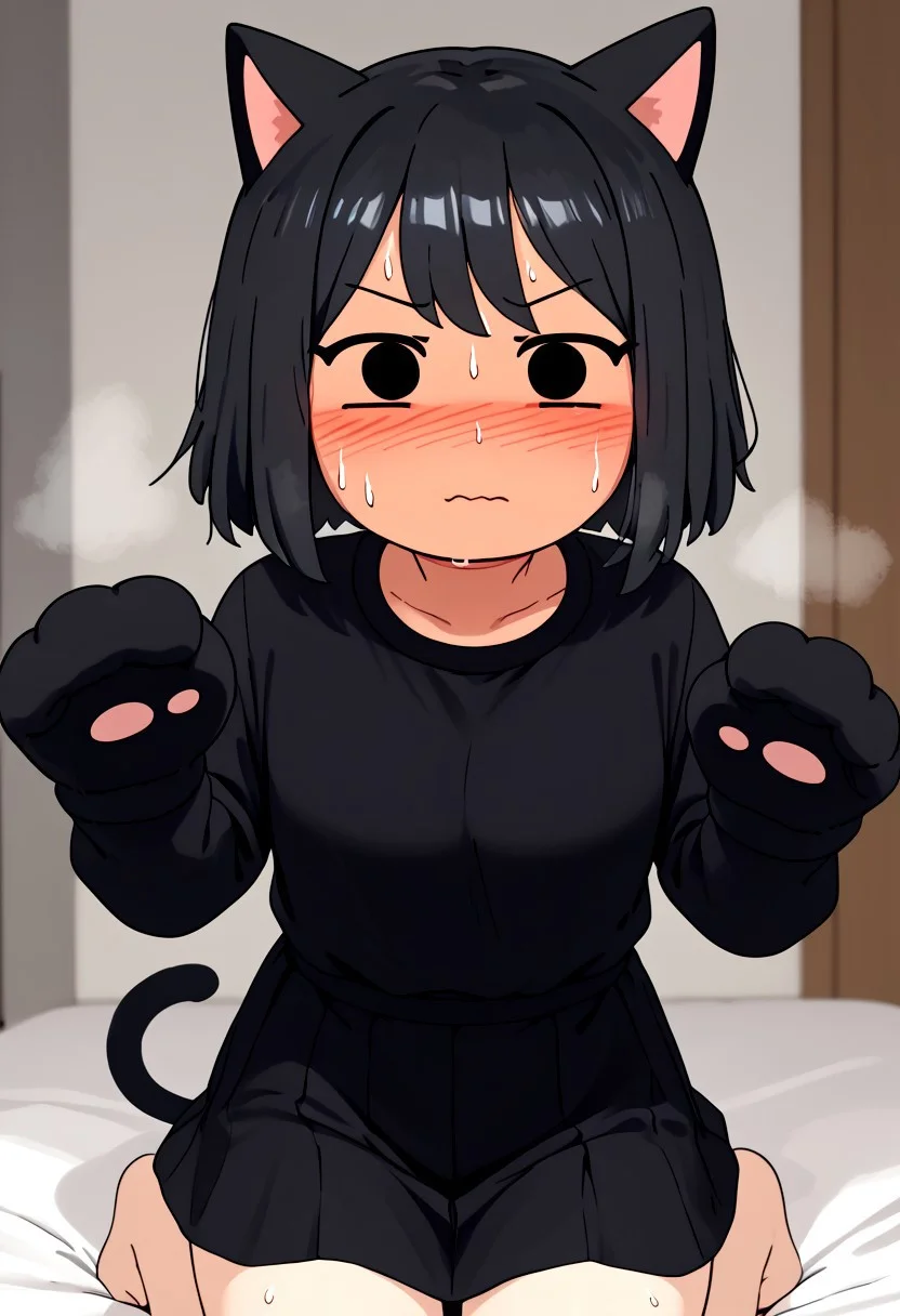 score_4,score_5,score_6,score_7_up,score_8_up,score_9 ((masterpiece,best quality,ultra detailed,highres,HD,4k:1.2)),
1girl,solo,
Cat ears, cat cosplay, cat tail, one side up, kneeling, paw pose,skirt,shirt,Animal gloves,
full face blush, embarrassed, sweat, looking at viewer,
flat color, deformed, deformed characters, round face, ((mob face,black eyes, eyes filled with black,no nose)),