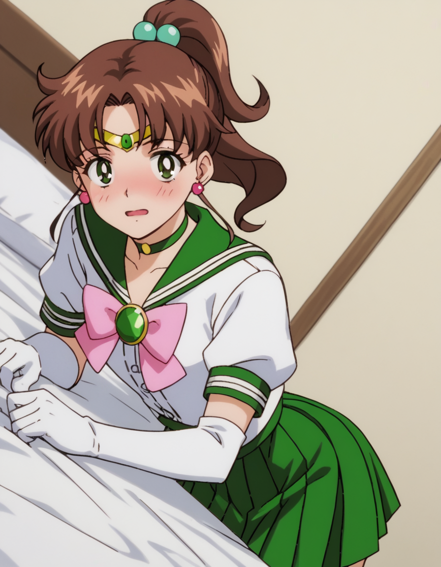 score_9, score_8_up, score_7_up, source_anime, <lora:makoto-kino-supers-movie-ponyxl-lora-nochekaiser:1>, makoto kino, brown hair, circlet, green eyes, hair bobbles, hair ornament, medium hair, ponytail, sidelocks, parted bangs,, back bow, bow, bowtie, brooch, choker, earrings, elbow gloves, flower earrings, gem, gloves, green choker, green gemstone, green sailor collar, green skirt, jewelry, miniskirt, pink bow, pink bowtie, pleated skirt, sailor collar, shirt, short sleeves, sidelocks, skirt, white gloves, white shirt,, indoors, bed, bed room, on side, blush, drunk, looking at viewer, solo,, cowboy shot, dutch angle