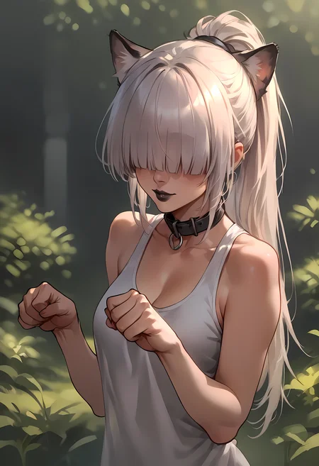 zPDXL, hi res
BREAK 1girl, catgirl, white hair, messy hair, hair covering eyes, hair over eyes, ponytail, blunt bangs, black lipstick, outside, sunlight, playing, joy, collar, petting, paw pose,
<lora:scoreSlider_ponyXL_v10:1> <lora:polki_ponyXL_v10:0.8>