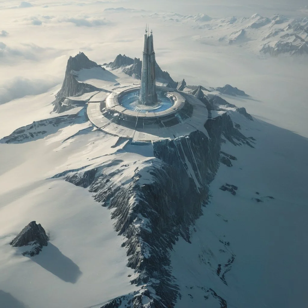 (cinematic concept-art style, ultra-detailed, imaginative, scifi, incredible depth and scale), ((high angle, from above, shot from a hovercraft in flight)), "Incarnus was a frozen planet that had been discovered in the year 2509, just beyond the epsilon eridani system. In the decades since then, its icy mountainous surface had become a proverbial mecca for the most dedicated mountaineers, explorers, and mountain climbers, who came from all over the galactic colonies hoping to experience the incredible peaks and perilous ascents, that would make even Everest seem small by comparison." 7-HyperSpace  [strong lighting, cinematic masterpiece, realistic reflective armour, legendary, hyperrealism]