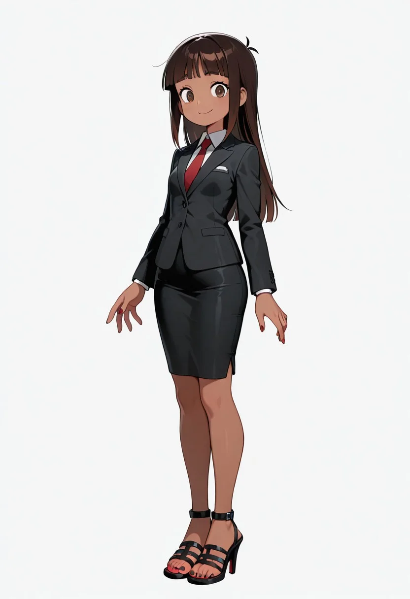 masterpiece,best quality,amazing quality,
solo, SolSeg, 1girl, solo,
brown skin, long dark brown hair, blunt bangs, brown eyes, 
Full body, barefoot, standing, perfect hands, 5 fingers, perfect barefoot 5 toes, perfect small flat chest natural breasts; 
Black suit, collared shirt, Red tie, suit, long sleeves, black médium pencil skirt, black high heels sandals, Red nail polish,
skin dentation, 
cowboy shot, looking at viewer, smile white background,