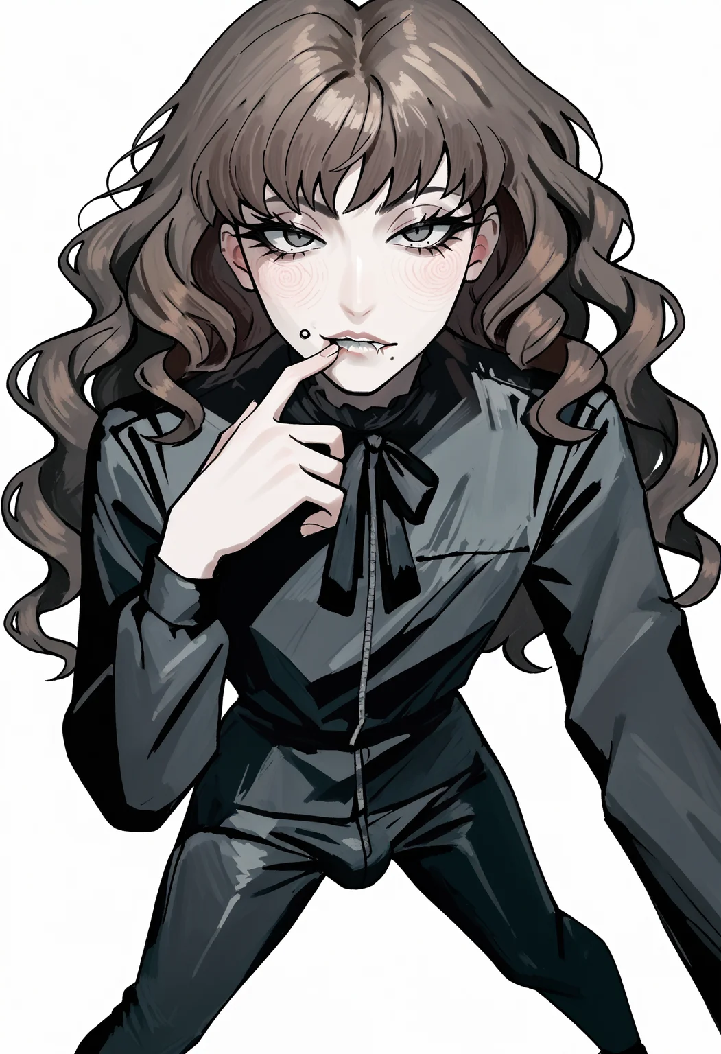 score_9, score_8_up, score_7_up, score_6_up, score_5_up, score_4_up,
BREAK
1boy, otoko no ko, femboy, trap, marina funger, dark brown hair, wavy hair, curly hair, dark grey eyes, long eyelashes, mole under mouth, mouth piercing, black neck ribbon, blush, biting own lip,
BREAK
solo, black latex bodysuit, black latex top, black latex sleeves, bulge, black choker,
BREAK
white background, simple background, dynamic pose, dark, <lora:Lunas-Marina-Funger-SDXL-A2-000004:1> <lora:Lunas-Zzeeonn-SDXL-A1:1>