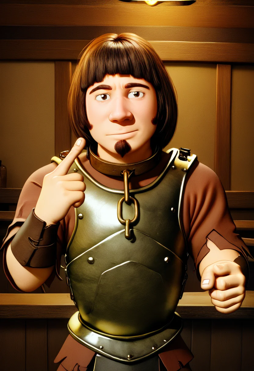 1boy, solo, HuiBuh, bob cut, blunt bangs, dark brown hair, goatee, metal collar, armor, single finger pointing, pointing at self, looking at viewer, indoors, bar <lora:IndexFingerPointingAtSelf_XLPD> <lora:hui_buh:0.8>