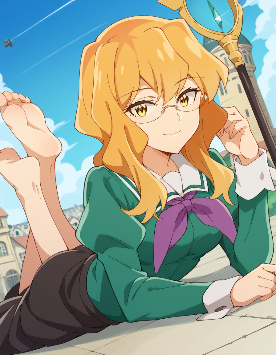 score_9, score_8_up, score_7_up, source_anime, <lora:sumika-chibana-s1-ponyxl-lora-nochekaiser:1>, sumika chibana, long hair, blonde hair, yellow eyes, glasses,, skirt, long sleeves, school uniform, puffy sleeves, serafuku, purple neckerchief, green shirt, black skirt, long skirt,, control tower, high, air traffic, windows, staff, smile, <lora:the-pose-ponyxl-lora-nochekaiser:1>, the pose, on stomach, feet up, lying, soles, feet, legs up, head rest, barefoot, looking at viewer, solo,, dutch angle, cowboy shot