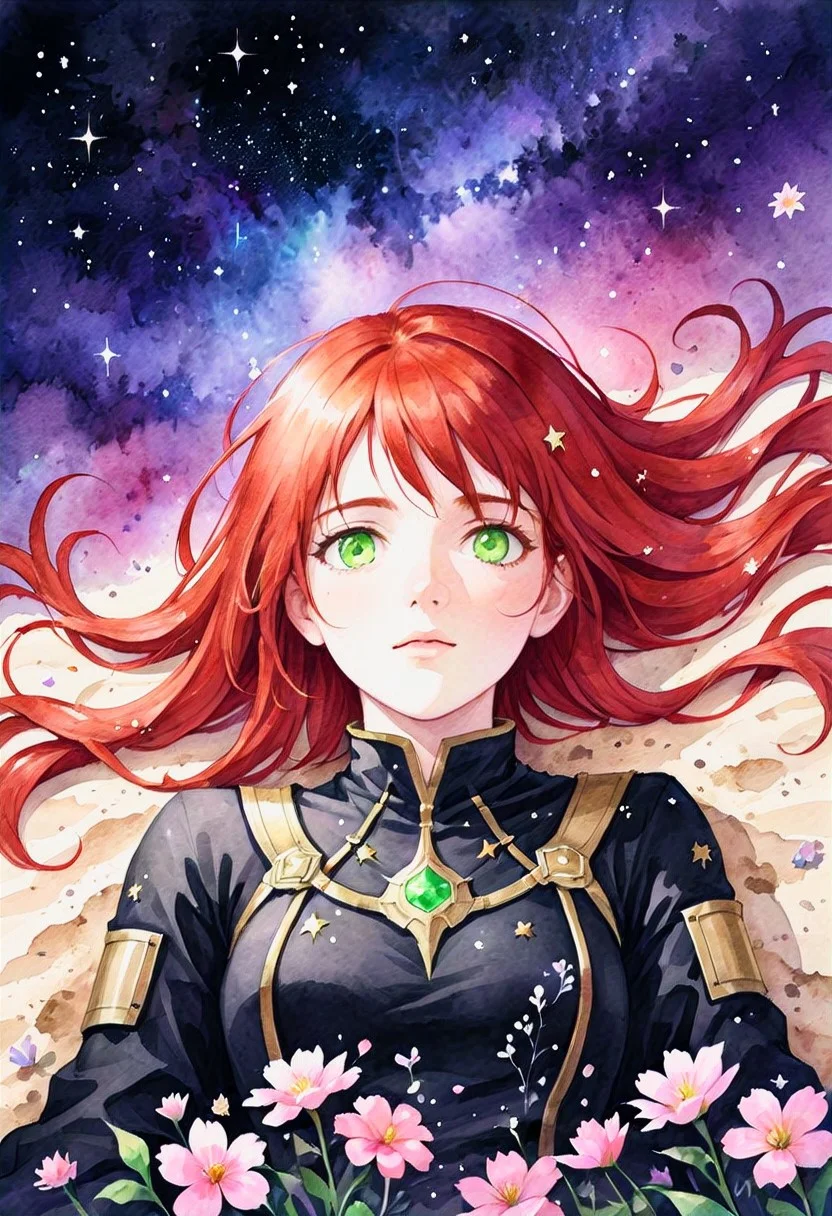 watercolor portrait, a young woman with red hair and green eyes laying down, her hair is covered in galaxy blossoms, the black desert sands with stars surrounds her head
