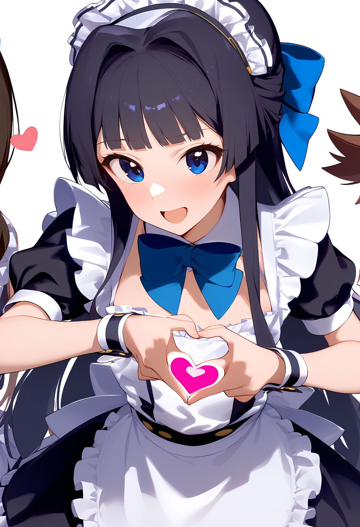 1girl,
mogami shizuka,


white apron, bow, frilled dress, wrist cuffs, blue eyes, white background, small breasts, maid, ribbon, hair intakes, maid apron, smile, open mouth, bowtie, hair ribbon, hair bow, heart, solo, simple background, breasts, long hair, blue bow, blunt bangs, frills, short sleeves, black hair, heart hands, black dress, cowboy shot, frilled apron, apron, dress, maid headdress, blush, sidelocks, blue bowtie,

sfw
<lora:a31_char_new_mogami_shizuka-000022:1> <lora:a31_style_koni-000010:0.8>
