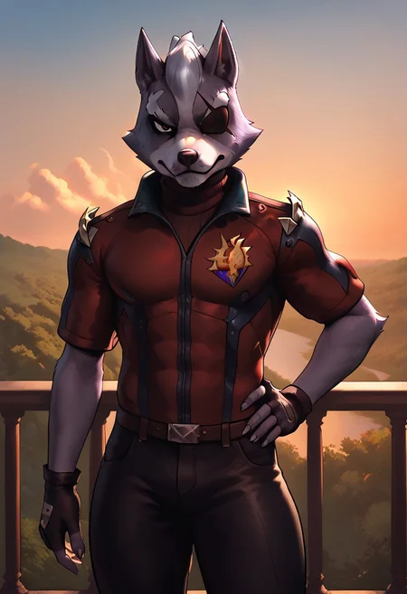 score_9_up, score_8_up, score_7_up, masterpiece, best quality, amazing quality, very aesthetic, absurdres, newest, high quality, detailed, volumetric lighting, Wolf O’Donnell, broad shoulders, mature male, red eyes, athletic build, animal ears, wolf, scruffy, anthro, anthro male, gray fur, eyepatch on left eye, red and black short sleeve jacket, brown turtleneck, black fingerless gloves, black pants, standing, looking at viewer, indoors, one hand on hip, outdoors, sunset, balcony, thick thighs, pecs, wide hips