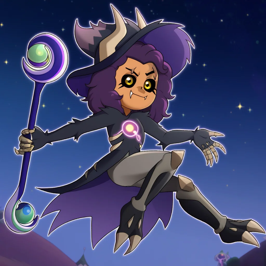 LuzTitan, yellow eyes,smile, witch hat, purple hair, smile, solo, brown skin, black sclera, dark, solo, staff, horns, fangs, fur covered body, leggings, eyebrow scar, flying on a magic staff, starry sky