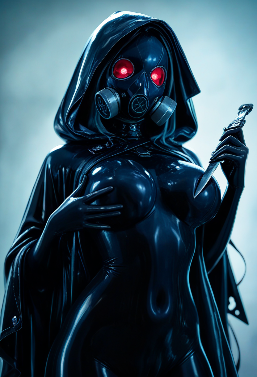 masterpiece, best quality, amazing quality, very aesthetic, absurdres, very awa,
1girl, solo, black bodysuit, bodysuit, breasts, grey background, impossible bodysuit, impossible clothes, latex, latex bodysuit, latex fetish, monster, skin tight, inflated, glowing eyes, holding knife, knife, hood, gas mask, touching breasts,