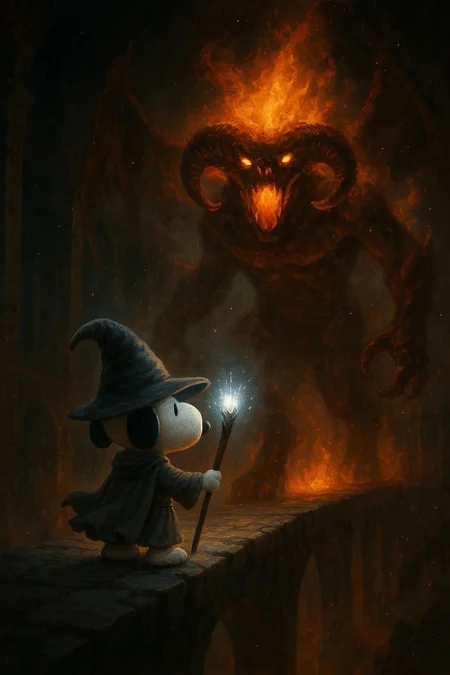 Snoopy reimagined as Gandalf, standing defiantly on the narrow stone bridge of Khazad-Dûm. He wears a flowing gray wizard cloak and wide-brimmed hat, gripping a glowing magical staff that radiates with ancient power. Behind him stretches the vast, shadowy expanse of Moria, lit by flickering firelight. In front of him towers a colossal, fiery Balrog-like demon, wreathed in flame and smoke, mid-step as it approaches the bridge. The air is thick with ash and glowing embers, casting dramatic shadows across the scene. Snoopy’s small figure stands firm against the overwhelming scale of the monster, embodying courage and magic in the face of doom. Rendered in painterly cinematic style with deep atmospheric lighting, glowing highlights from the fire, and a dramatic wide-angle composition.