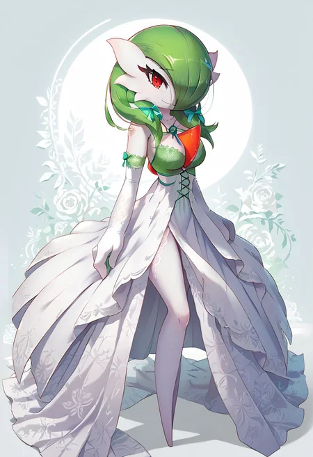 (((gardevoir))), female, anthro, pale white skin, score_9, score_8_up, score_7_up, source_anime,best quality anime, intricate details,
1girl, Gardevoir, looking at viewer, red eyes, green hair, (long hair with hair ribbons),
wearing Acqua intricate dress, laces, elbow gloves,
outdoor parc background,
top view, volumetric lighting, smiling, standing pose