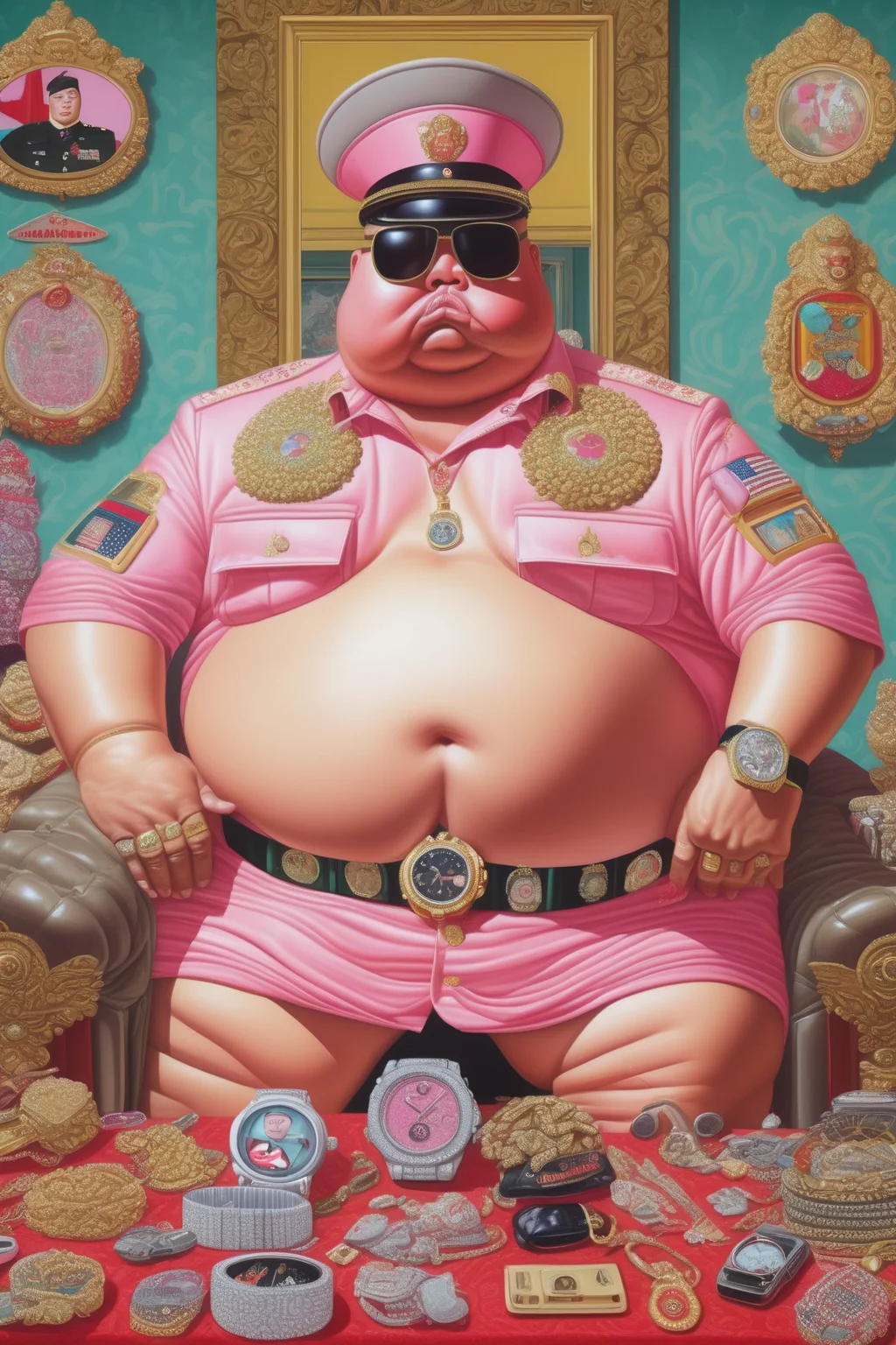 <lora:Alex Gross Style:1>Alex Gross Style - In an Alex Gross-inspired style, the artwork depicts a fat soldier adorned with fuzzy luxury watches full of arms in a luxurious house alongside a bald soldier, satirizing the perceived excesses and disparities within Thailand's military and political landscape.