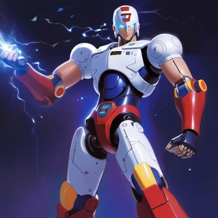 ((style by nty)), impressionistic style, oil painting, Full body, Juuoumaru - Plawres Sanshirou, (digital art, painting, 80s anime), robot, cool pose, powering up, electric sparks, inside robot workshop, close up, atmospheric, dynamic camera, depth of field, 4K art, absurdres