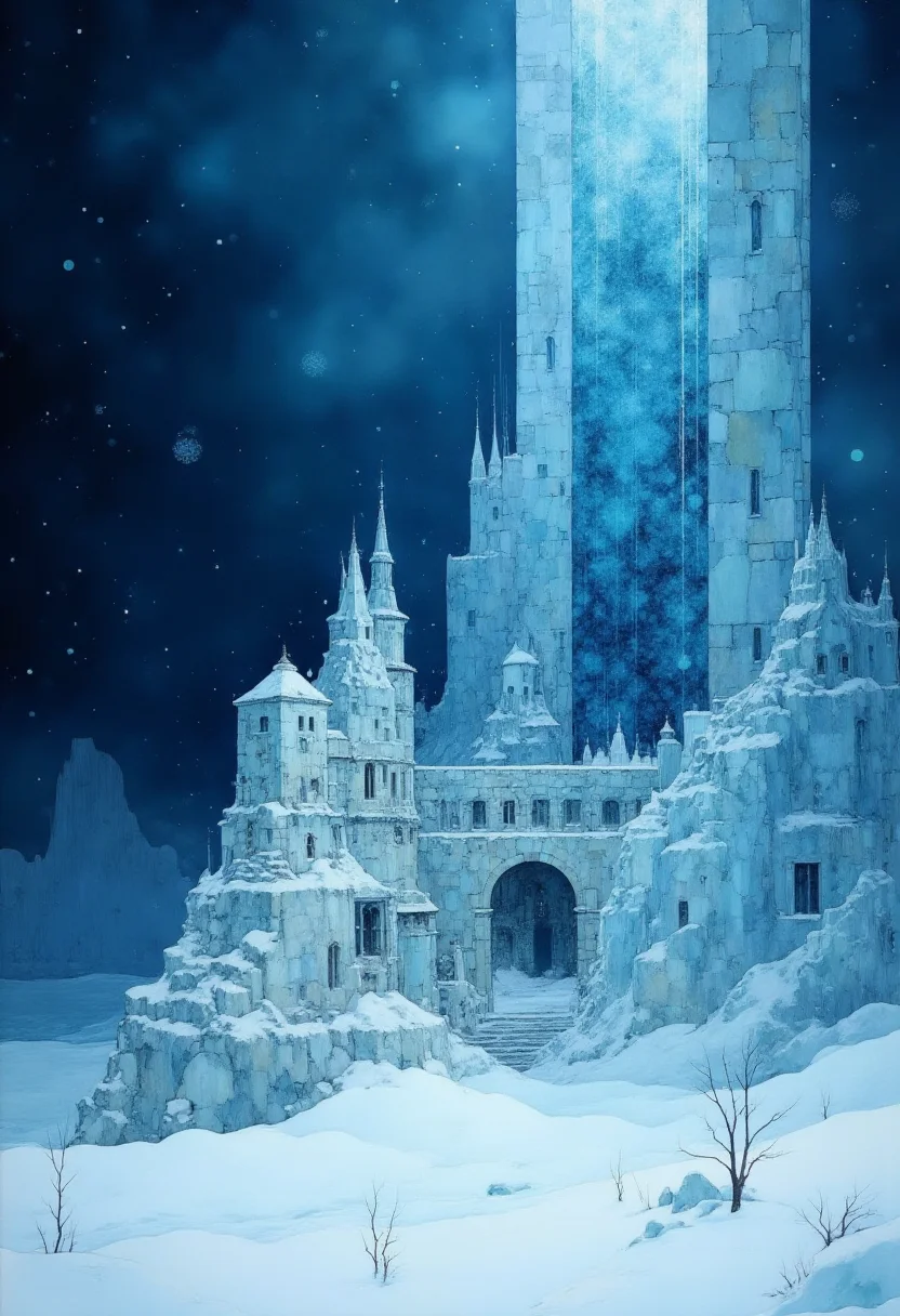 On an uncharted world enveloped by an icy expanse, a colossal architectural relic stands majestically amidst cascading crystalline snowflakes. Hundreds of thousands of years have weathered its stone exterior, carving intricate patterns into its surface like frozen works of art. Above this otherworldly monument looms a tempestuous storm that churns angrily through darkened skies, casting eerie shadows upon its ancient walls. As the unrelenting forces of nature unleash a catastrophic avalanche of glistening ice shards towards this forgotten stronghold, the pulsating heartbeat of the planet vibrates within it, as if resonating with the chaotic dance of nature herself. Enveloped within this timeless spectacle of elemental power and surreal beauty, behold the haunting splendor of this forlorn citadel frozen in time beneath the celestial canopy of an alien planet. ,<lora:flux/Digital painting V1.safetensors:1.0:1.0>
