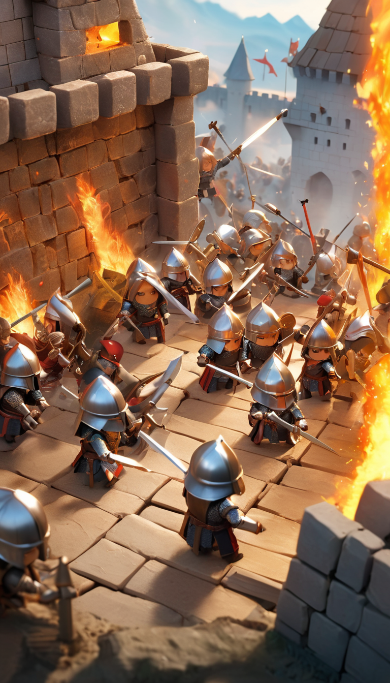 Cinematic scene, a medieval fantasy army attacking and sieging a fortress, fierce battle, catapults, fire, vivid, colorful, dramatic, detailed background, masterpiece, best quality, high quality, highres, absurdres, photo realistic, chibi, nendoroid <lora:nendoroid_xl_v4:1>