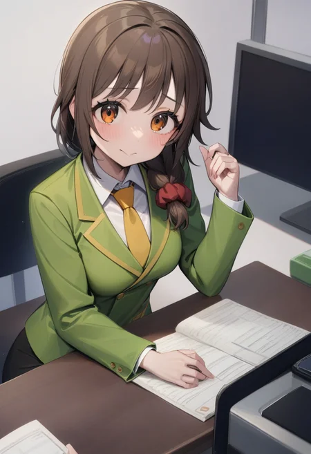 1girl, senkawa chihiro, cosChihhi, red scrunchie, brown hair, side braid, orange eyes, green jacket, black miniskirt, yellow necktie, red scrunchie, office, office desk,
masterpiece, best quality, very aesthetic, absurdres,
<lora:lora_cosChihhi_xl_v1_amg:0.8> <lora:lora_YamiStyle_xl_v1_amg:0.7>