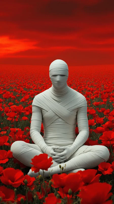 A figure shrouded in white bandages sits cross-legged amidst a field of vibrant red poppies, meditating under a blood-red sky. Focus on the figure. Photorealistic, surreal, unsettling, in the style of Joel-Peter Witkin or Hans Bellmer, with the symbolic imagery of Frida Kahlo.