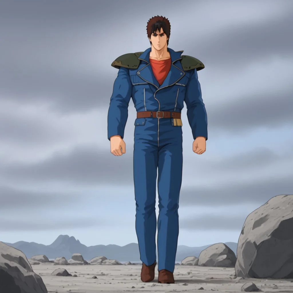 1man, Kenshiro, shoulder pads, jacket, gray sky, rock, sky, manly, male focus, blue jacket, standing, full body, front view,