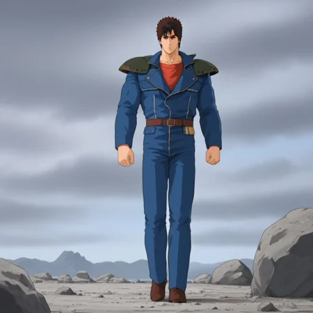 1man, Kenshiro, shoulder pads, jacket, gray sky, rock, sky, manly, male focus, blue jacket, standing, full body, front view,