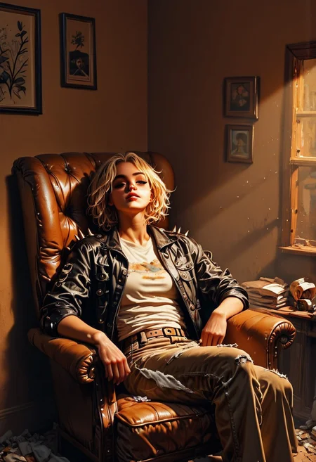 score_9, score_8_up, score_7_up, best quality, fine detail, digital painting, 1girl, solo, short blonde hair, cute, sitting in old chair, wearing leather jacket with spikes, wrinkled clothing, worn out tattered clothing, relaxing, carefree, melancholy, dirty room, very detailed background, gritty, peeling paint, amber lighting, deep shadows, vivid detail, interesting composition, 8K, UHD, goonstyle